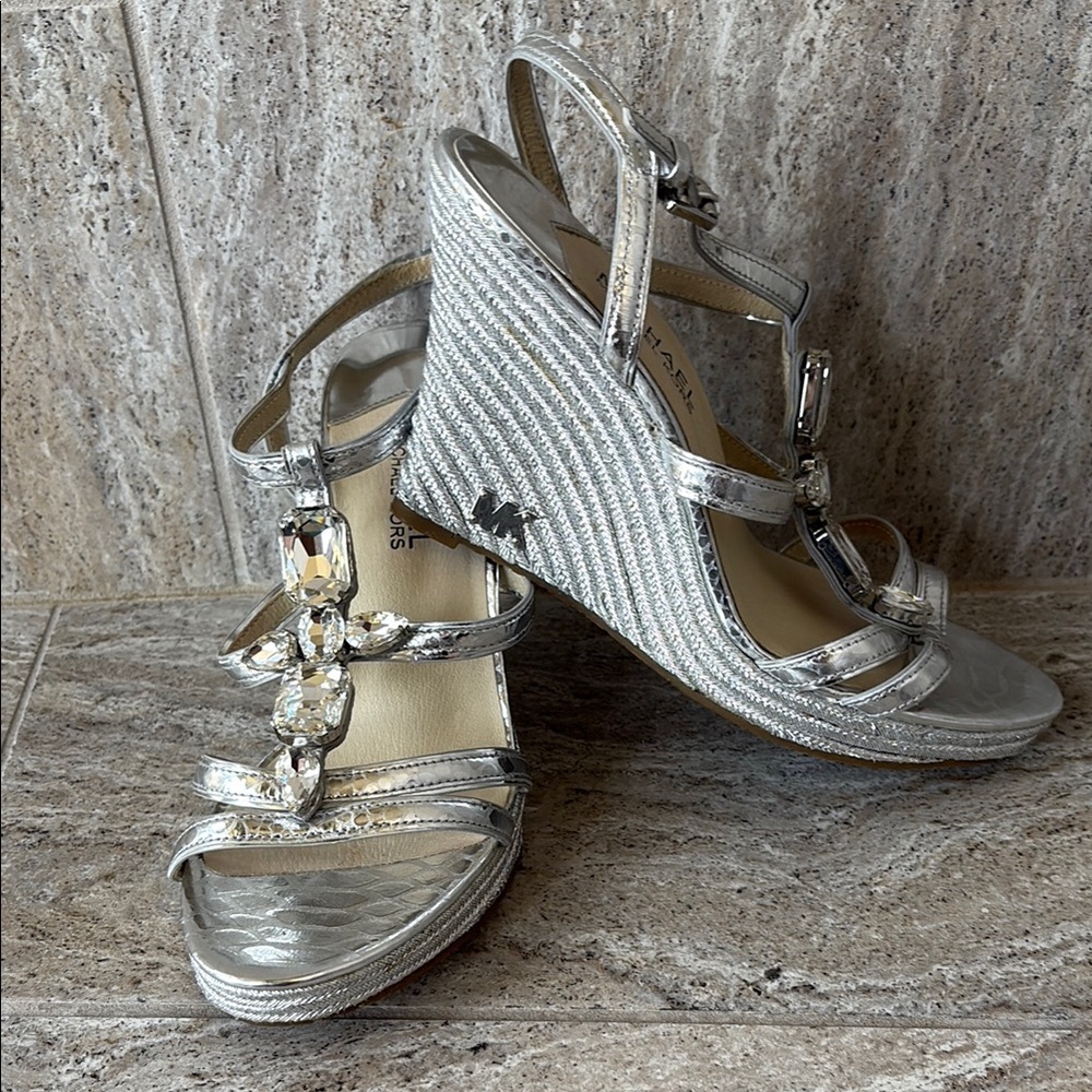 Michael Kors Silver Wedge Sandals with Strappy Design